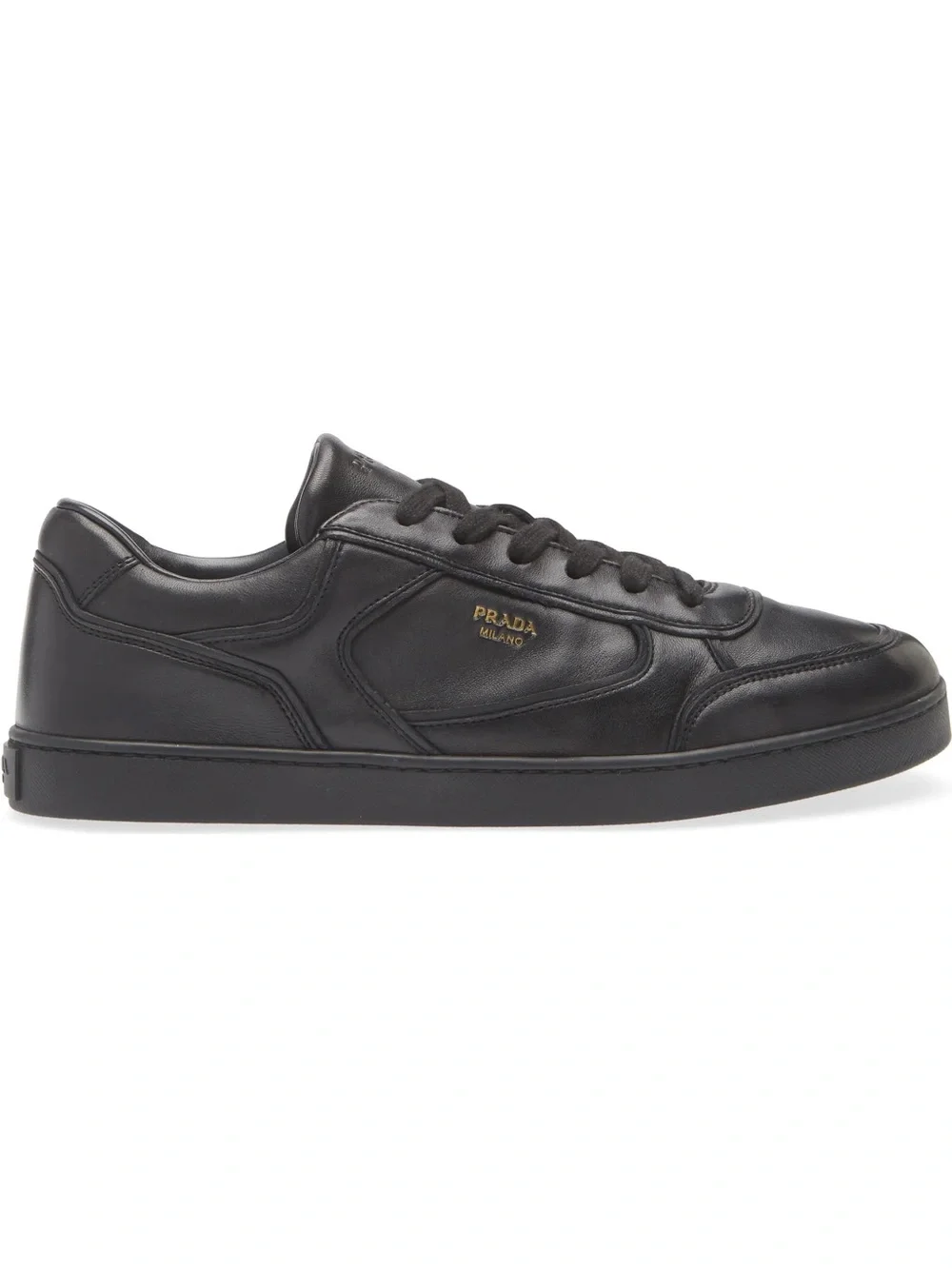 Prada Black Leather Low-Top Sneaker with Gold Logo